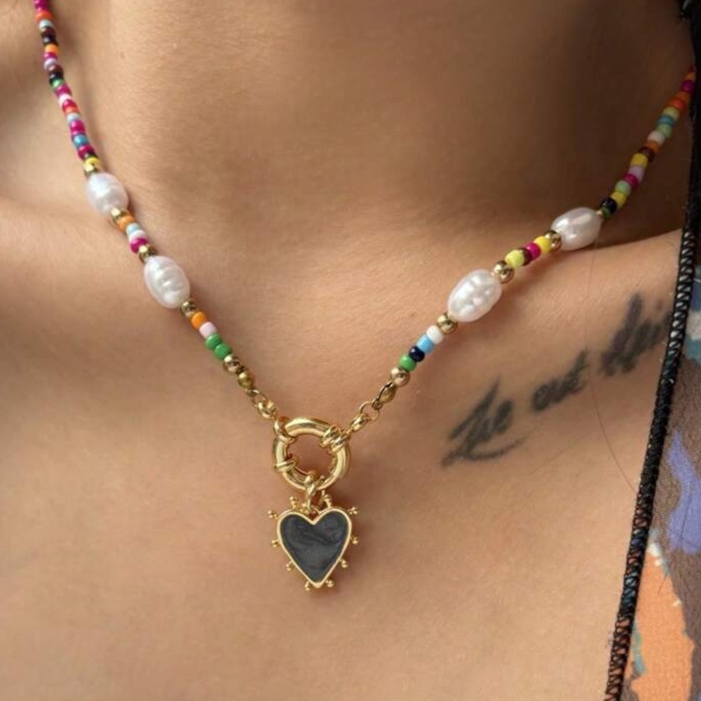 Gold and Black Heart Pendant Beaded Necklace